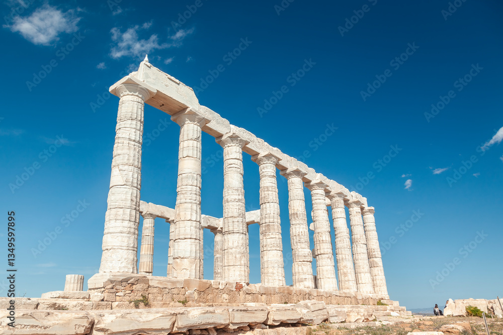 Temple of Poseidon at Sounio Cape, in south Attica region, Greece, Europe. The temple was built in 5th century BC and was dedicated to the god of sea.