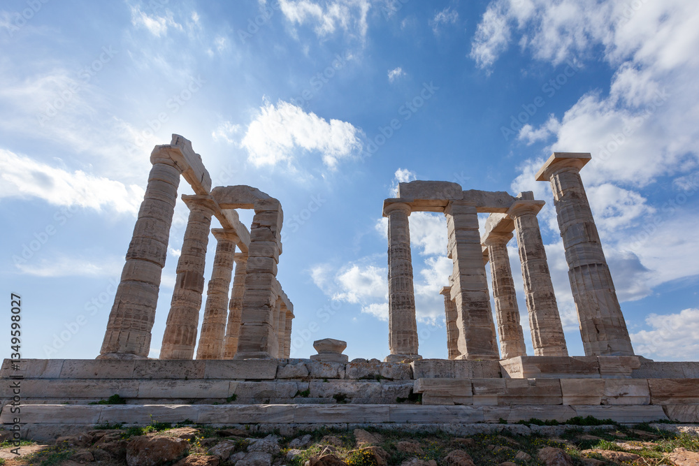 Temple of Poseidon at Sounio Cape, in south Attica region, Greece, Europe. The temple was built in 5th century BC and was dedicated to the god of sea.