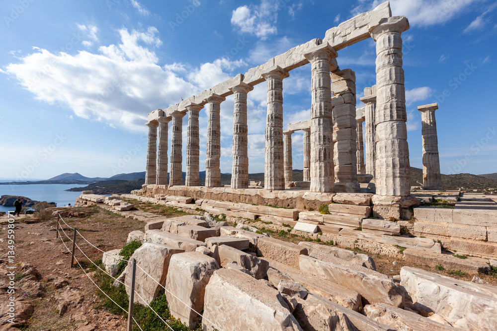 Temple of Poseidon at Sounio Cape, in south Attica region, Greece, Europe. The temple was built in 5th century BC and was dedicated to the god of sea.