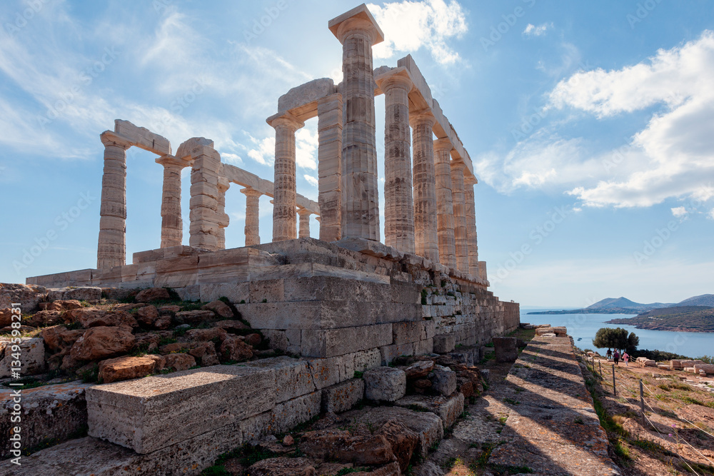 Temple of Poseidon at Sounio Cape, in south Attica region, Greece, Europe. The temple was built in 5th century BC and was dedicated to the god of sea.