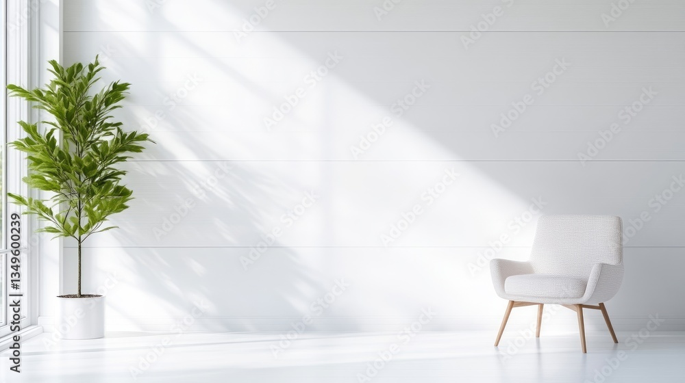 Bright, minimalist interior showcasing a single armchair and plant in a sunlit room Bright, minimalist interior showcasing a single armchair and plant in a sunlit room