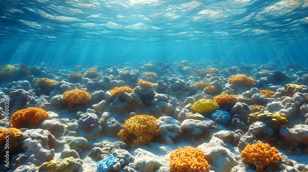 Naklejka premium Vibrant underwater scene showcasing a diverse coral reef ecosystem bathed in sunlight. Various coral formations and marine life are visible on the ocean floor