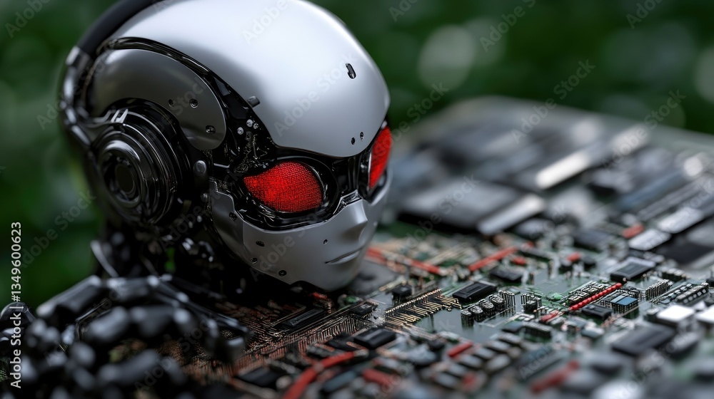 Fototapeta premium Futuristic robot head on circuit board, close-up view. Intricate details of metallic parts, glowing red eyes, and complex electronic components