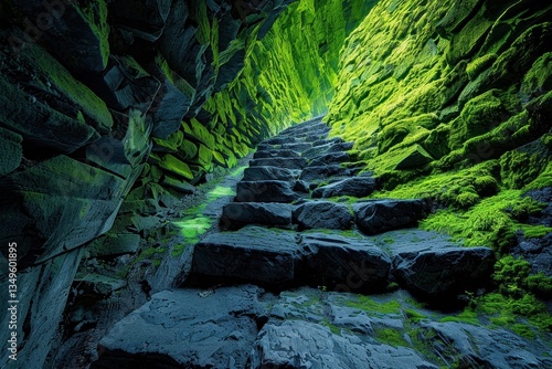 Mysterious Green Cave With Stone Steps And Light