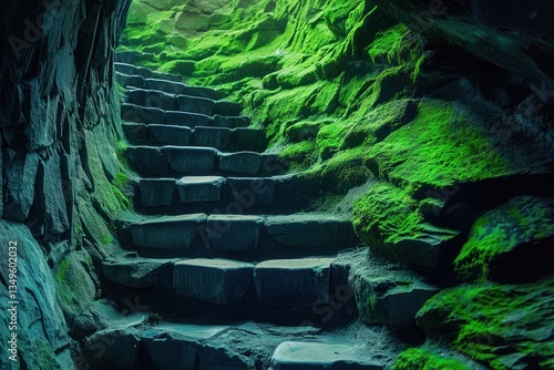 Mysterious Green Cave With Stone Steps And Light