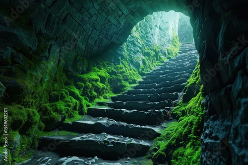 Nature'S Touch: Mossy Steps In Underground Cave
