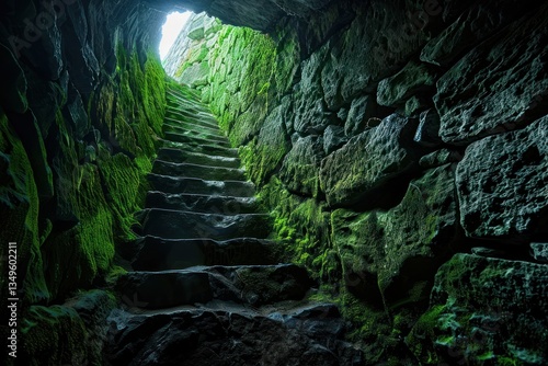 Mysterious Green Cave With Stone Steps And Light