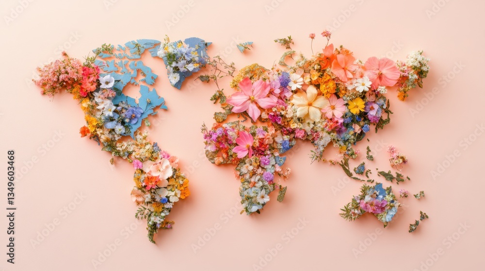 Minimalist world map crafted from dried pressed flowers on a soft pastel backdrop for artistic inspiration and magazine cover appeal Minimalist world map crafted from dried pressed flowers on a soft pastel backdrop for artistic inspiration and magazine cover appeal
