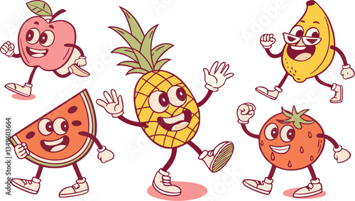 Retro groovy fruit characters. Fruits juicy sticker pack.
Funky cartoon mascot of watermelon grape cherry banana strawberry with happy smile face & hands and feet. Vintage summer SVG vector illustrati