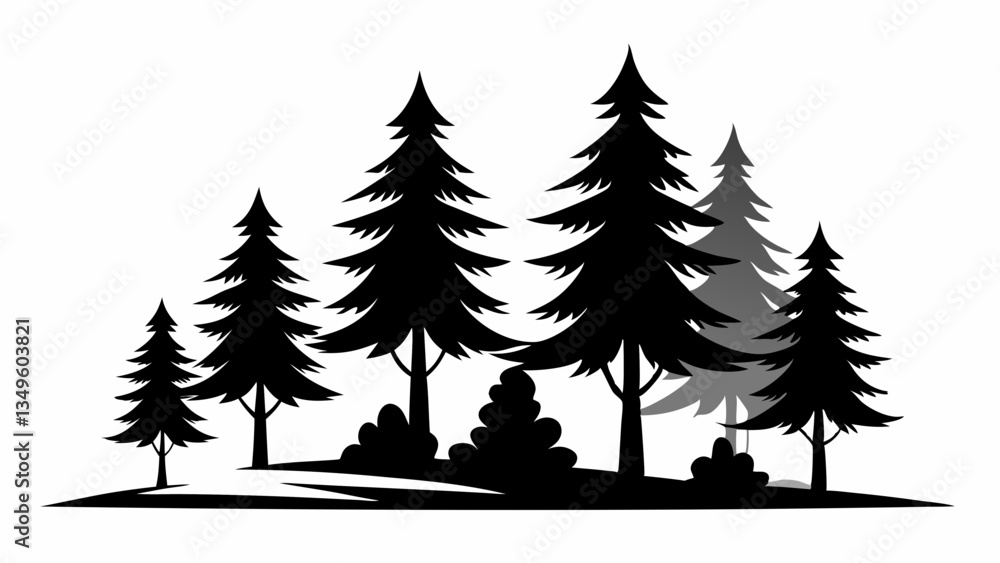 Obraz premium Minimalist Silhouette Pine Trees – Black and White Vector Illustration.