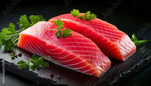 Fresh tuna fish fillet steaks garnished with parsley