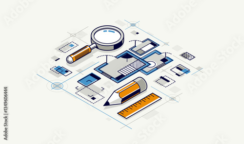  Engineering project concept, blueprint engineer work vector 3D isometric illustration, abstract draft drawing, cad technical plan.