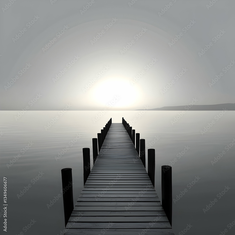 Obraz premium Serene sunrise over calm lake, wooden pier extending towards light; peaceful nature scene for meditation or travel brochure