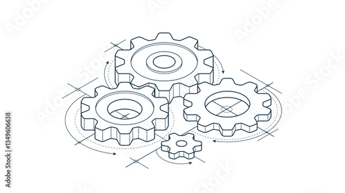 Mechanical engineering concept, gears and cogs with project drawing draft isometric 3D vector illustration, cogwheels system technology and technics machinery engine.