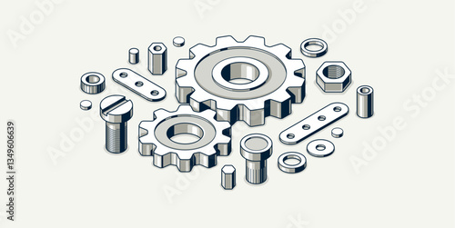 Mechanical engineering concept, gears and cogs composition isometric 3D vector illustration, cogwheels system technology and technics machinery engine.