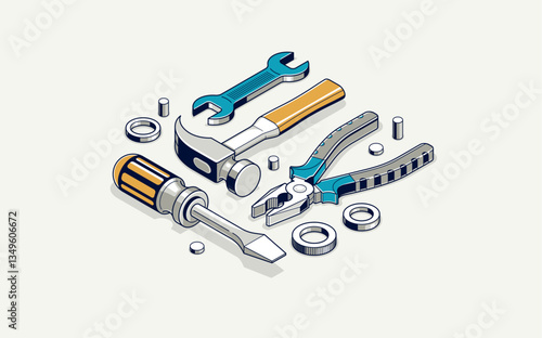 Repair and maintenance concept, technics service, gears and tools in 3D isometric projection vector illustration, technical mechanical workshop.