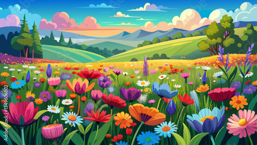A field of colorful wildflowers in full bloom, creating a vibrant and picturesque landscape
