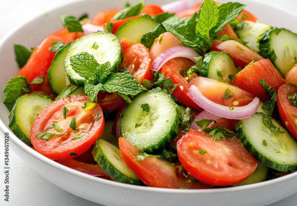 Fresh and Colorful Salad with Tomatoes, Cucumbers, Onions, and Mint Leaves in a Round White Bowl on a Light Background Fresh and Colorful Salad with Tomatoes, Cucumbers, Onions, and Mint Leaves in a Round White Bowl on a Light Background