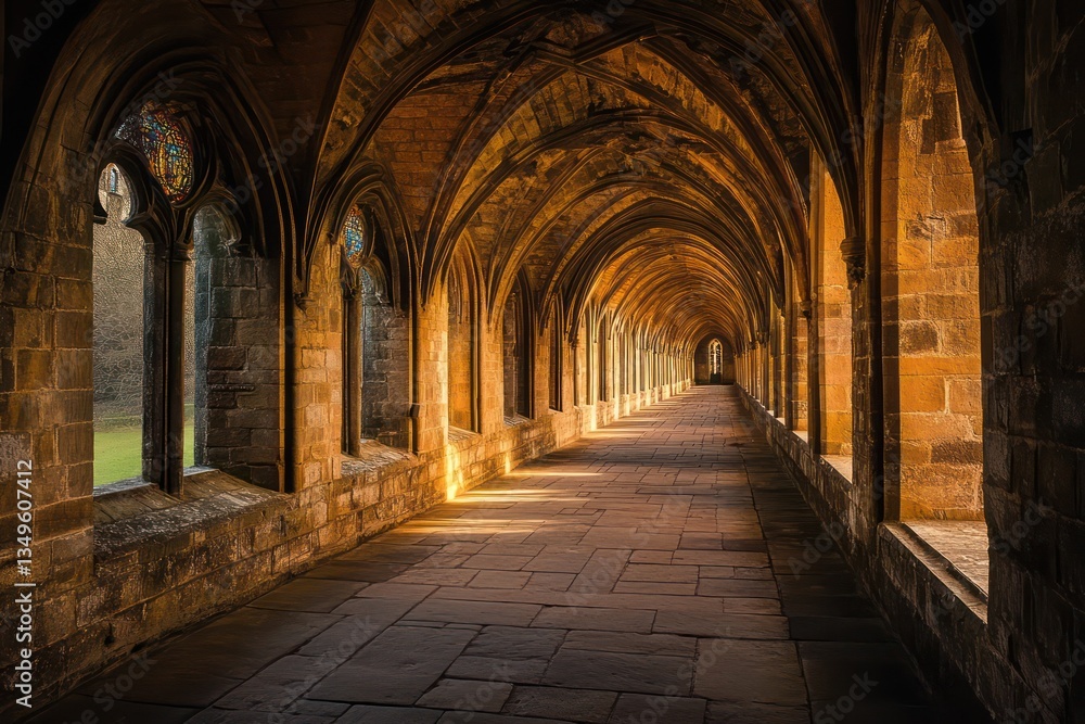 Sunlight in cloister, abbey, stone architecture, peaceful garden view Sunlight in cloister, abbey, stone architecture, peaceful garden view