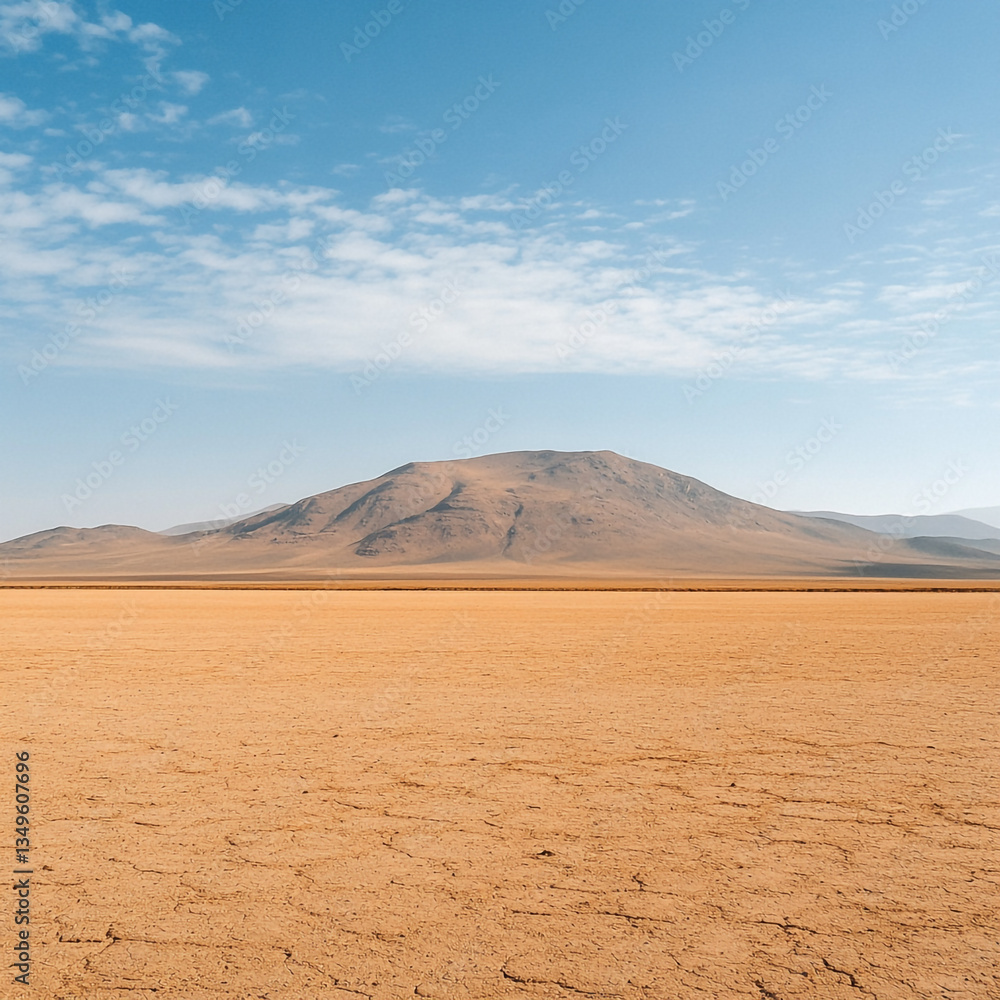A dry cracked desert landscape with a large mountain in the background under a blue cloudy sky view A dry cracked desert landscape with a large mountain in the background under a blue cloudy sky view