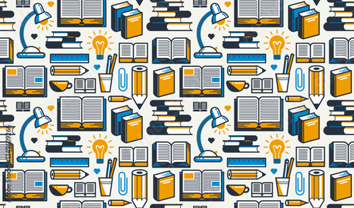 Books and reading seamless background, literature and library vector endless repeat wallpaper, education and documentary read.