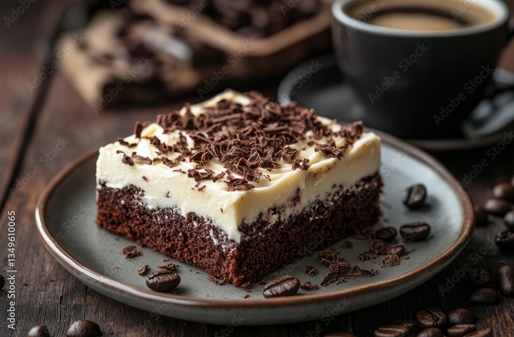 Fudgey chocolate coffee cake slice. Creamy frosting topped with dark chocolate chips on a plate with coffee beans Fudgey chocolate coffee cake slice. Creamy frosting topped with dark chocolate chips on a plate with coffee beans