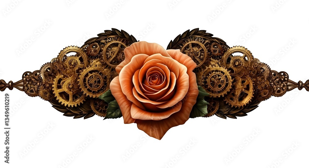 A steampunk floral design with roses intertwined with golden gears, Ai Generated A steampunk floral design with roses intertwined with golden gears, Ai Generated