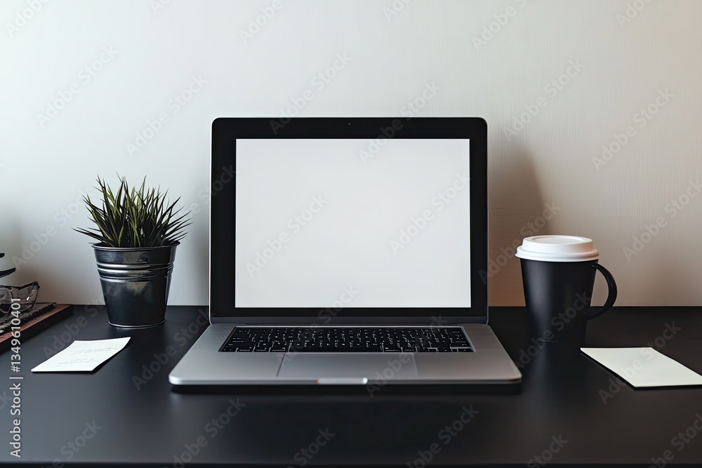 Fototapeta premium Modern workspace, laptop, coffee, plant