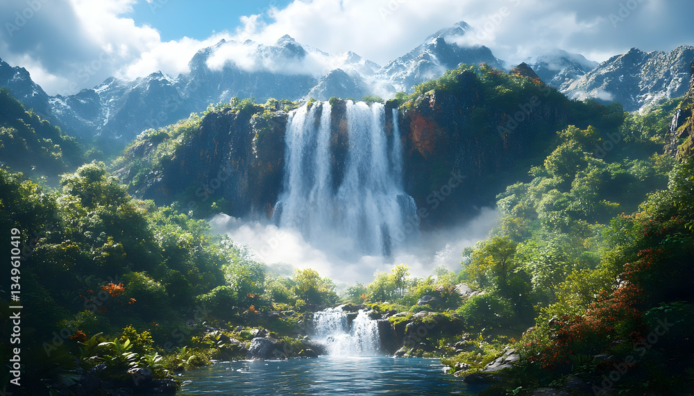 Fototapeta premium Majestic waterfall cascading down rocky cliffs, surrounded by lush greenery and snow-capped mountains under a vibrant sky