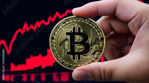 Wallpaper Mural Bitcoin Cryptocurrency Coin in Hand Against Red Market Graph Torontodigital.ca