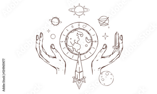 Intricate illustration of hands holding globe surrounded by celestial elements like planets and stars, evoking sense of mysticism and wonder in universe