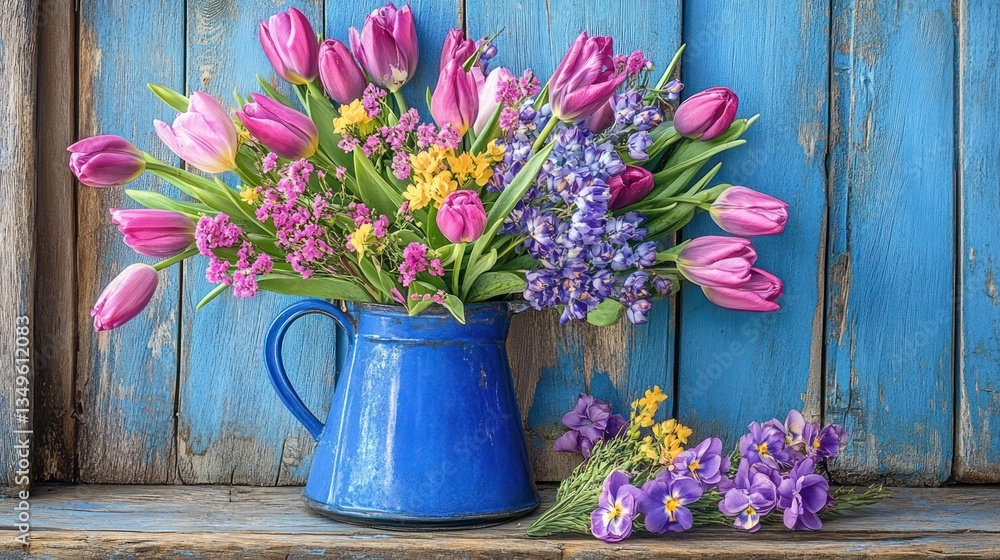 Fototapeta premium Spring tulips bouquet rustic blue pitcher wood background