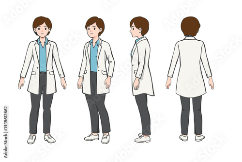 A digital illustration featuring a five-view character design of a female doctor. 