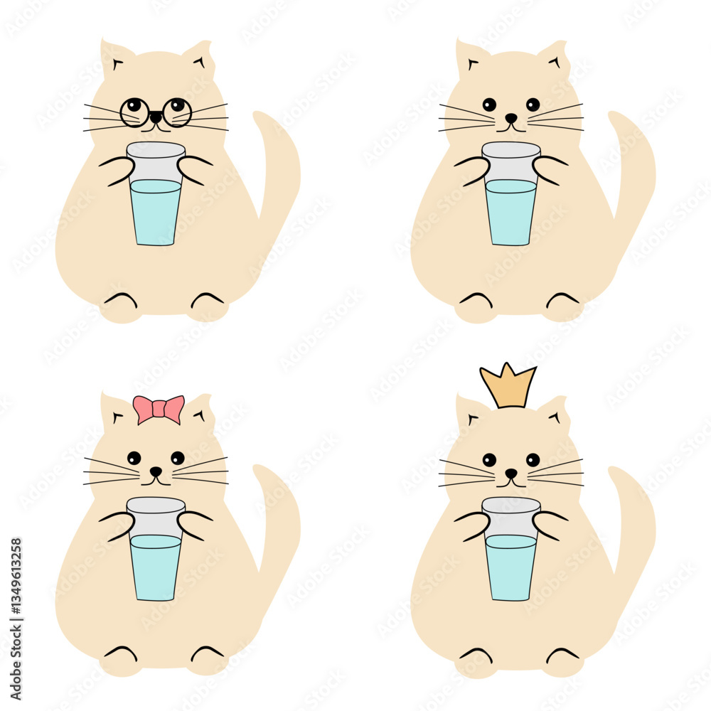 Fototapeta premium Cute fat funny nice cat with a glass of water on white isolated vector illustration 