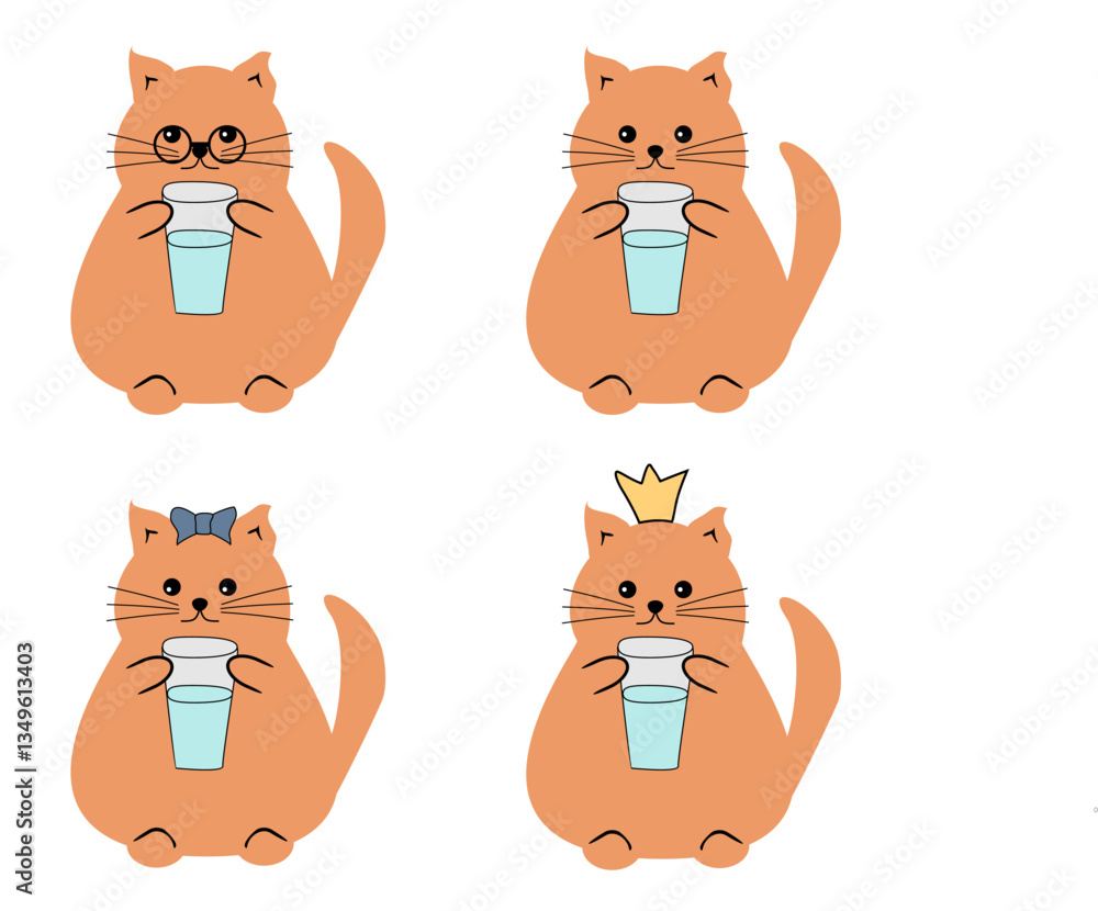 Obraz premium Cute fat funny nice cat with a glass of water on white isolated vector illustration 