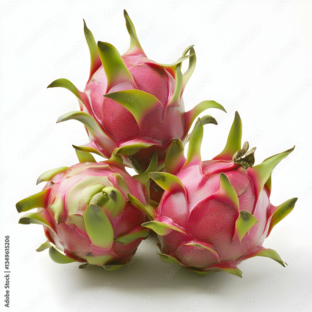 Fototapeta premium Three ripe pink dragon fruits on white background; healthy food ingredient; recipe, website, blog