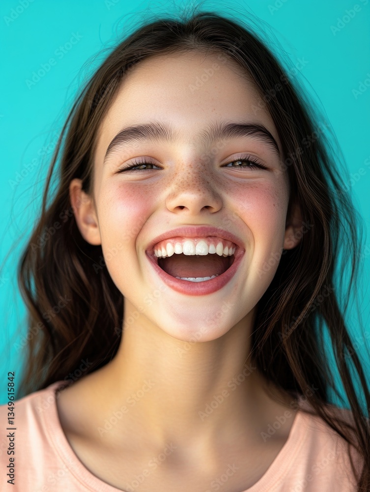 A girl with a big smile on her face. She is wearing a pink shirt. The girl is happy and smiling A girl with a big smile on her face. She is wearing a pink shirt. The girl is happy and smiling
