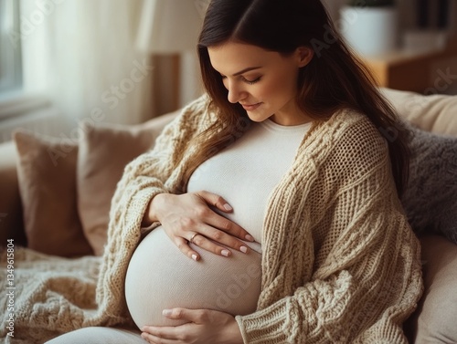 A woman with a baby bump, sitting on a couch and embracing her belly. A cozy home scene of pregnancy relaxation.