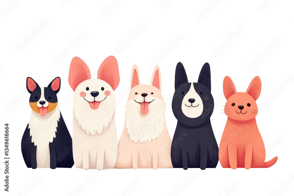 Five cartoon dogs in a row different breeds smiling cute, cut out transparent Five cartoon dogs in a row different breeds smiling cute, cut out transparent
