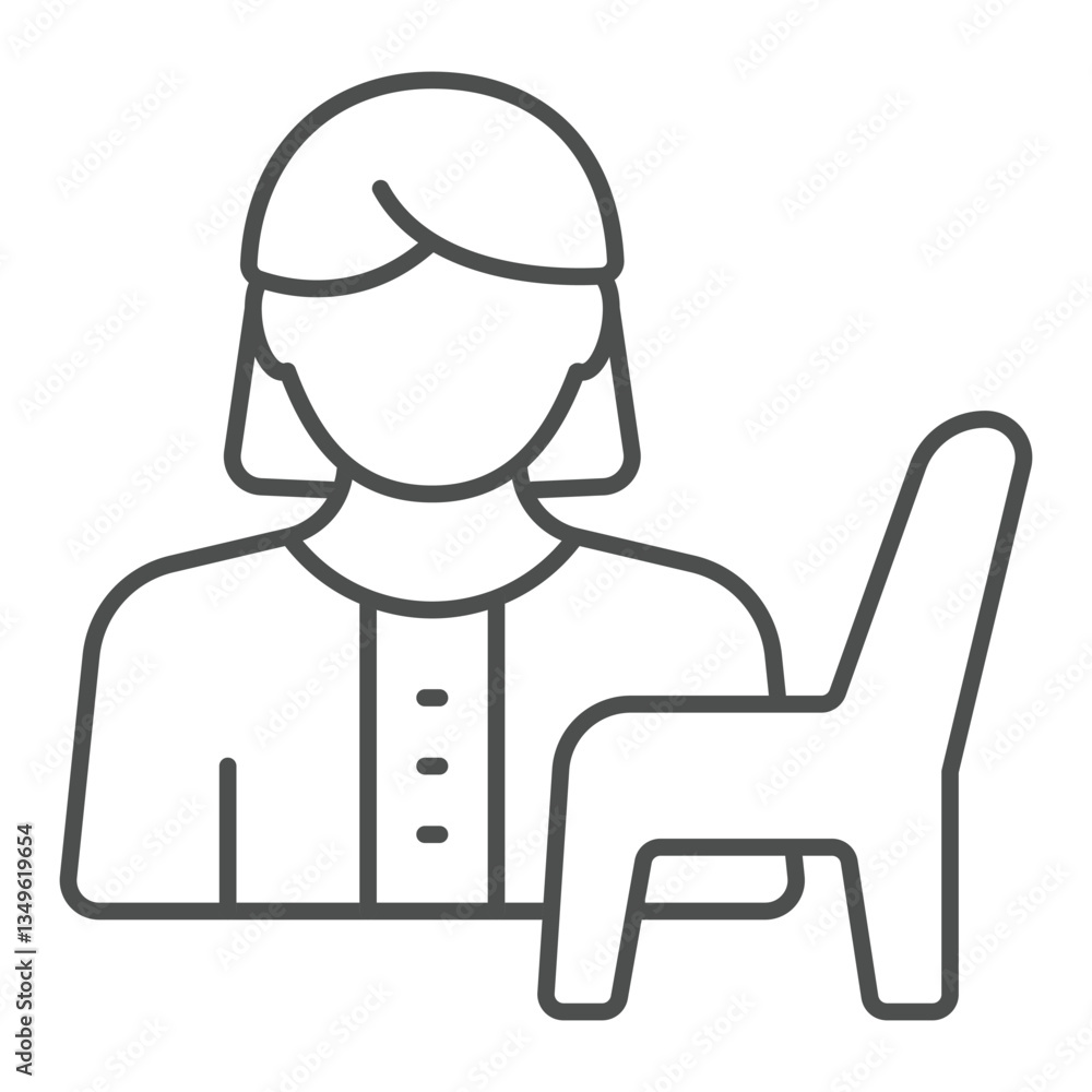Psychologist woman and chair thin line icon, family psychology concept. Vector graphics. Armchair with woman sign on white background, outline style icon for mobile or web design. Psychologist woman and chair thin line icon, family psychology concept. Vector graphics. Armchair with woman sign on white background, outline style icon for mobile or web design.