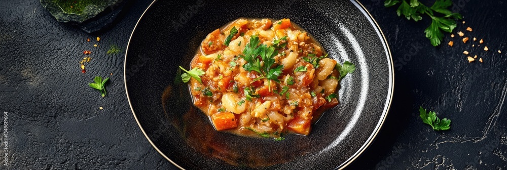 A hearty vegetable stew garnished with cilantro, ready to be served for a nutritious dinner. Mediterranean flavors enhance the homemade cooking experience. A hearty vegetable stew garnished with cilantro, ready to be served for a nutritious dinner. Mediterranean flavors enhance the homemade cooking experience.