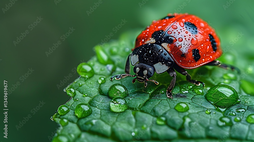 Fototapeta premium Close-up of a ladybug on a green leaf with dew drops, showcasing nature's beauty in a serene environment