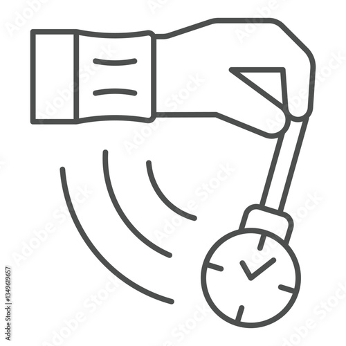 Psychologist pendulum clock in hand thin line icon, psychology concept. Vector graphics. Hand with swing clock on chain sign on white background, outline style icon for mobile or web design.