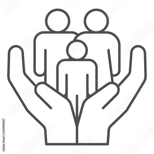 Family with child on hands thin line icon, family psychology concept. Vector graphics. Father, mother and son, support sign on white background, outline style icon for mobile or web design.