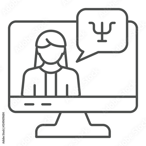 Monitor screen and psychologist woman thin line icon, psychology concept. Vector graphics. Display with doctor therapy call sign on white background, outline style icon for mobile or web design.