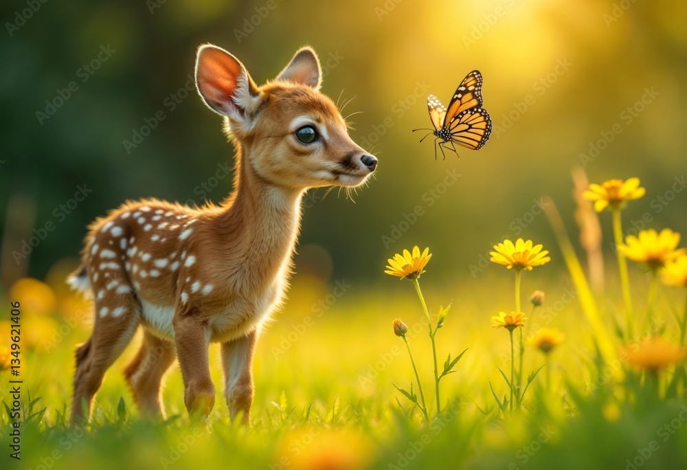 Fawn and Monarch Butterfly in a Meadow – Nature’s Beauty Fawn and Monarch Butterfly in a Meadow – Nature’s Beauty