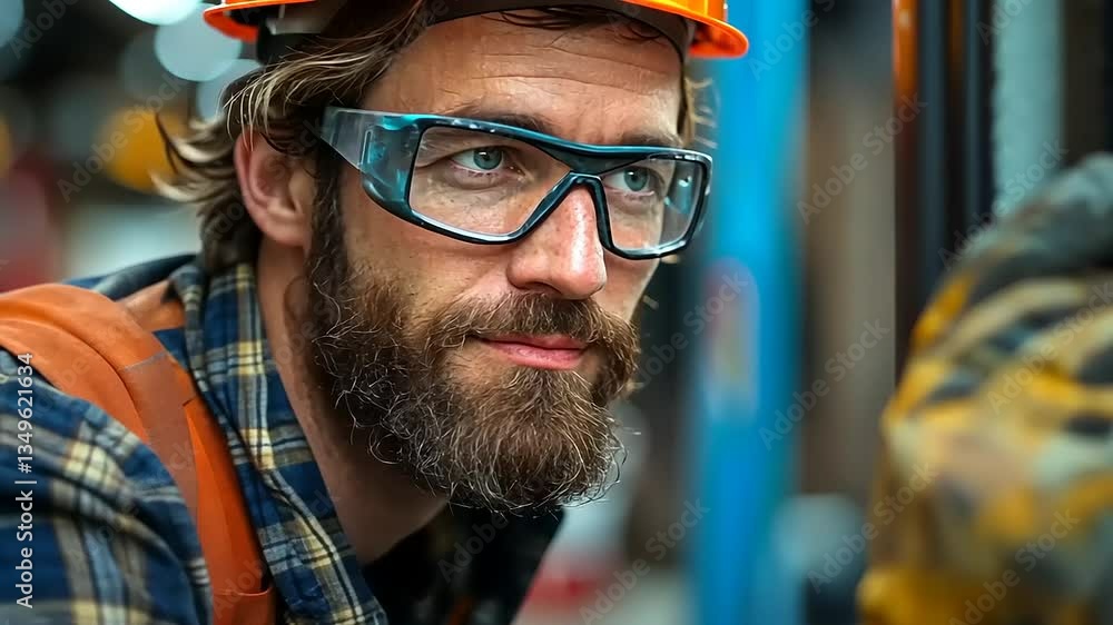 Focused construction worker in safety gear inspecting machinery in a busy workshop environment Focused construction worker in safety gear inspecting machinery in a busy workshop environment