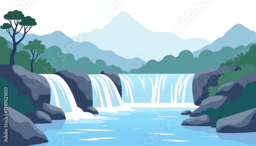 Serene waterfall cascading through mountains in a tranquil landscape  