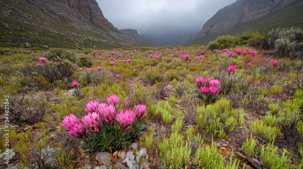 Obraz premium Pink wildflowers bloom in mountain valley, misty backdrop, nature photography