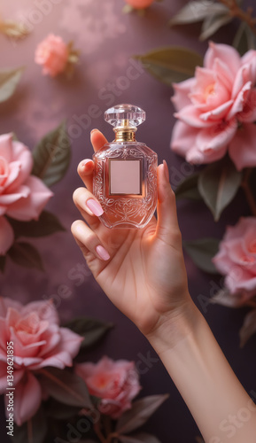 Close-up view of a female hand holding a luxury perfume bottle on a background of flowers, selective focus. Created using generative AI tools